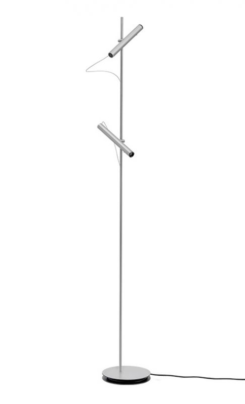 LINIjA S Stehleuchte von Baltensweiler, moderne LED-Stehlampe in Silber mit zwei Leuchten.